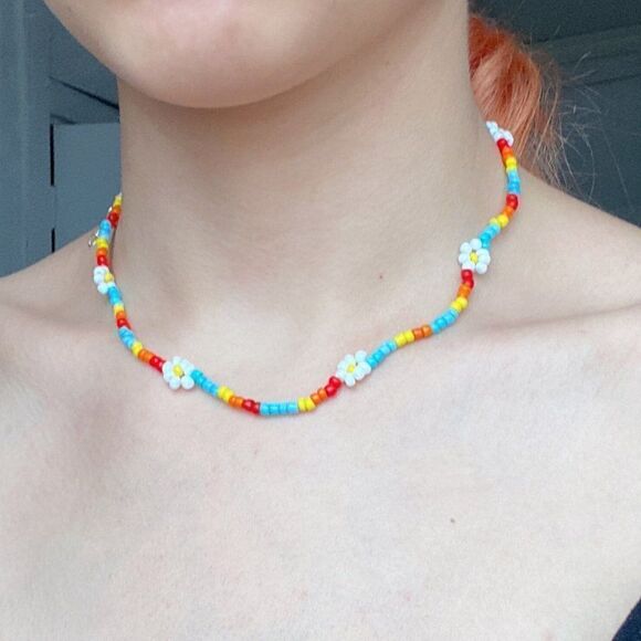 Rainbow Beaded White Daisy Choker Necklace - Picture 7 of 9